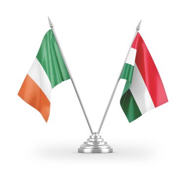 Macaristan ve İrlanda bayrakları beyaz arkaplanda izole edilmiş 3D görüntüleme