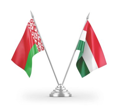 Macaristan ve Belarus masa bayrakları beyaz arkaplanda 3 boyutlu görüntüleme