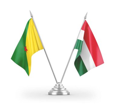 Macaristan ve Fransız Guyanası masa bayrakları beyaz arkaplanda 3 boyutlu görüntüleme