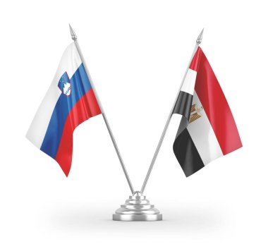 Mısır ve Slovenya masa bayrakları beyaz arkaplandaki 3D görüntüleme