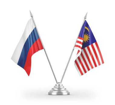 Malezya ve Rusya masa bayrakları beyaz arkaplandaki 3D görüntüleme