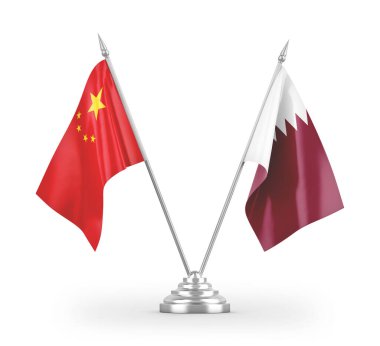 Katar ve Çin masa bayrakları beyaz arkaplanda 3 boyutlu görüntüleme