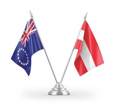 Avusturya ve Cook Adaları masa bayrakları beyaz zemin üzerinde izole edilmiş 3D görüntüleme