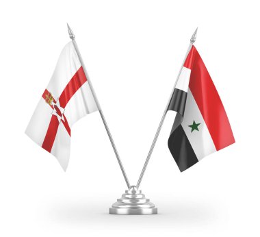 Suriye ve Kuzey İrlanda masa bayrakları beyaz arka planda izole edilmiş 3D görüntüleme