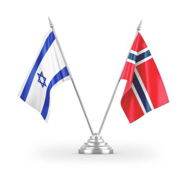Norveç ve İsrail bayrakları beyaz arkaplanda 3 boyutlu görüntüleme