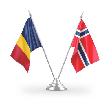 Norveç ve Çad masa bayrakları beyaz arkaplanda izole edilmiş 3B görüntüleme 