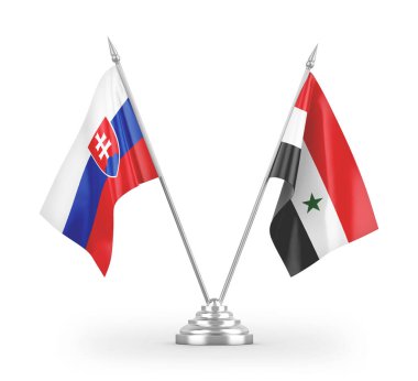 Suriye ve Slovakya masa bayrakları beyaz arkaplandaki 3D görüntüleme