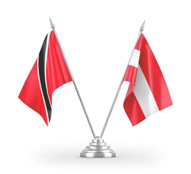 Avusturya ve Trinidad ve Tobago masa bayrakları beyaz zemin üzerinde izole edilmiş 3D görüntüleme