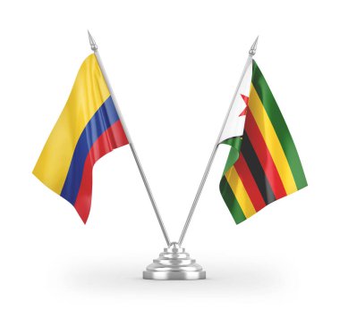 Zimbabwe ve Kolombiya masa bayrakları beyaz arkaplanda 3 boyutlu görüntüleme