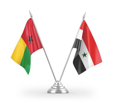 Suriye ve Gine-Bissau masa bayrakları beyaz arkaplanda izole edilmiş 3d görüntüleme