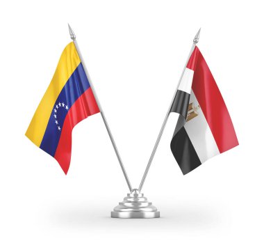 Mısır ve Venezuela masa bayrakları beyaz arka planda izole edilmiş 3D görüntüleme