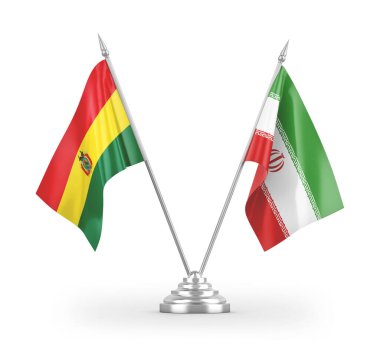 İran ve Bolivya masa bayrakları beyaz arkaplandaki 3D görüntüleme