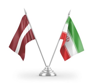 İran ve Letonya masa bayrakları beyaz arka planda izole edilmiş 3D görüntüleme