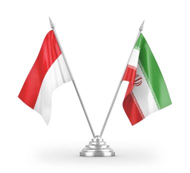 İran ve Endonezya masa bayrakları beyaz arka planda izole edilmiş 3D görüntüleme