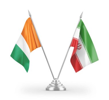 İran ve Fildişi Fildişi Sahil Masası bayrakları beyaz arka planda izole edilmiş 3D görüntüleme 