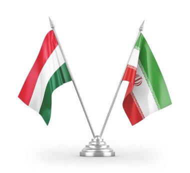 İran ve Macaristan bayrakları beyaz arkaplandaki 3D görüntülemede izole edildi