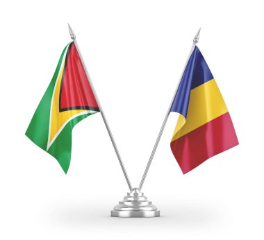 Romanya ve Guyana masa bayrakları beyaz arka planda izole edilmiş 3D görüntüleme