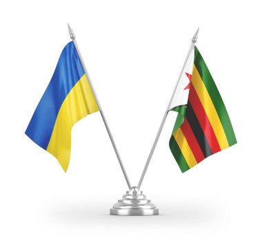 Zimbabwe ve Ukrayna masa bayrakları beyaz arkaplanda izole edilmiş 3D görüntüleme