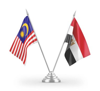 Mısır ve Malezya masa bayrakları beyaz arkaplanda izole edilmiş 3D görüntüleme