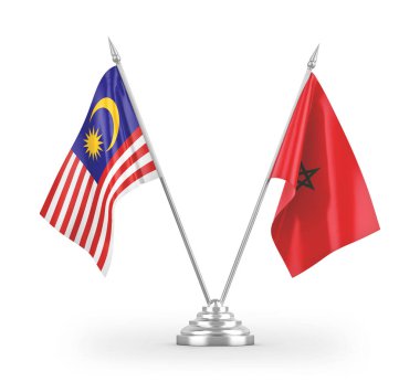 Fas ve Malezya masa bayrakları beyaz arkaplanda izole edilmiş 3D görüntüleme