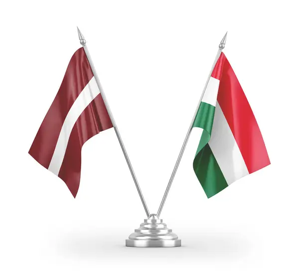 Maďarsko Lotyšsko Tabulky Vlajky Izolované Bílém Pozadí Vykreslování — Stock fotografie