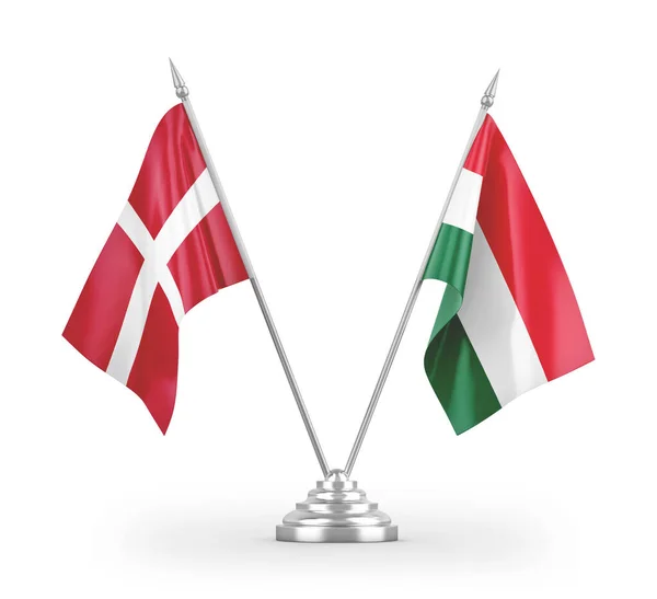 Maďarsko Dánsko Tabulky Vlajky Izolované Bílém Pozadí Vykreslování — Stock fotografie