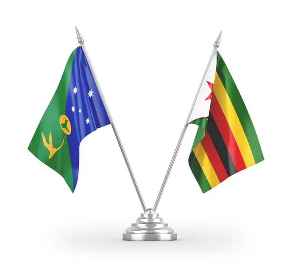 Banderas Mesa Zimbabwe Christmas Island Aisladas Sobre Fondo Blanco — Foto de Stock