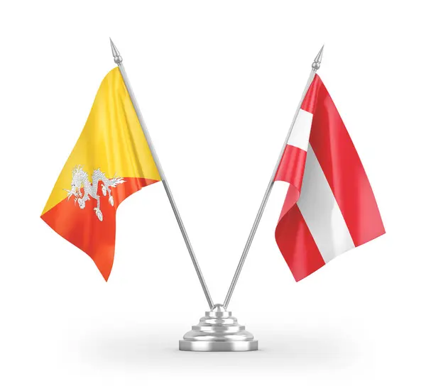 Bandeiras Mesa Áustria Butão Isoladas Fundo Branco Renderização — Fotografia de Stock