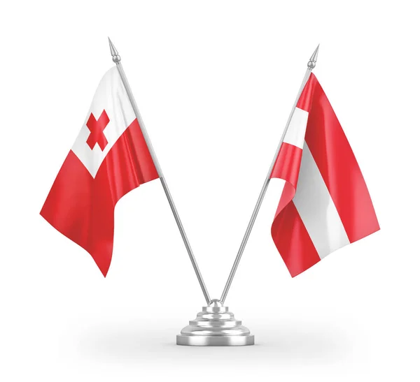 Bandiere Tavolo Austria Tonga Isolate Sfondo Bianco Rendering — Foto Stock