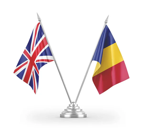 Bandeiras Mesa Romênia Reino Unido Isoladas Fundo Branco Renderização — Fotografia de Stock