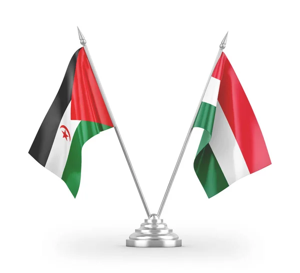 Banderas Mesa Hungría Sahara Occidental Aisladas Sobre Fondo Blanco —  Fotos de Stock