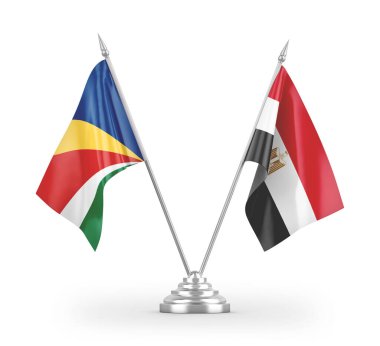 Mısır ve Seyşeller masa bayrakları beyaz arkaplanda 3 boyutlu görüntüleme