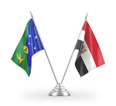 Mısır ve Christmas Island masa bayrakları beyaz arkaplanda 3 boyutlu görüntüleme