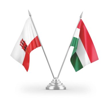 Macaristan ve Gibraltar masa bayrakları beyaz arkaplandaki 3D görüntüleme