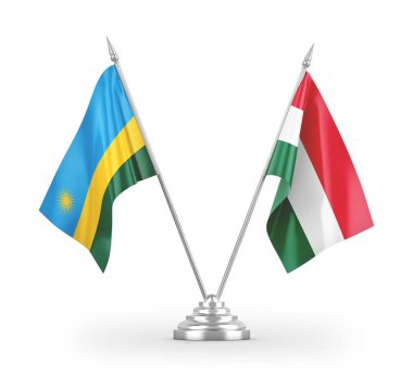 Macaristan ve Ruanda masa bayrakları beyaz arkaplanda 3 boyutlu görüntüleme