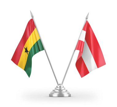 Avusturya ve Gana masa bayrakları beyaz zemin üzerinde izole edilmiş 3D görüntüleme