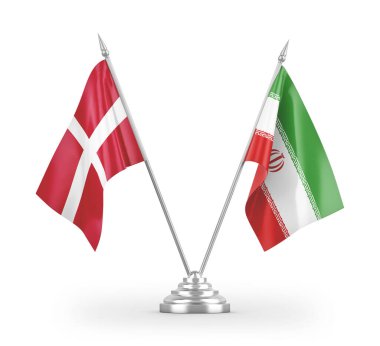 İran ve Danimarka bayrakları beyaz arka planda izole edilmiş 3D görüntüleme