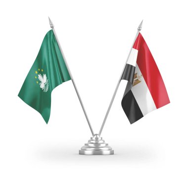 Mısır ve Macau masa bayrakları beyaz arkaplanda 3 boyutlu görüntüleme