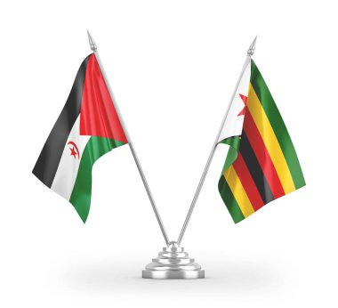 Zimbabwe ve Batı Sahra masa bayrakları beyaz arkaplanda 3 boyutlu görüntüleme