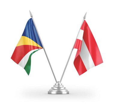 Avusturya ve Seyşeller masa bayrakları beyaz zemin üzerinde izole edilmiş 3D görüntüleme