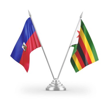 Zimbabwe ve Haiti masa bayrakları beyaz arkaplanda 3 boyutlu görüntüleme