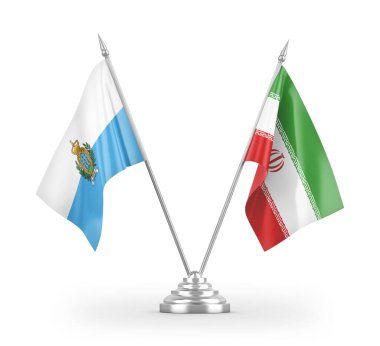 İran ve San Marino masa bayrakları beyaz arkaplandaki 3D görüntüleme