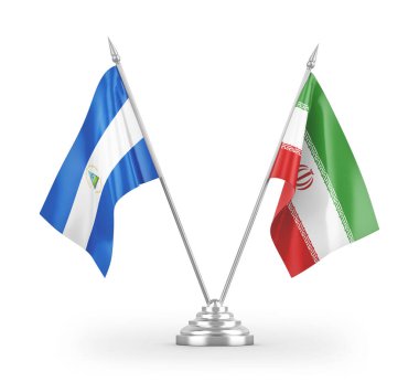 İran ve Nikaragua masa bayrakları beyaz arka planda izole edilmiş 3D görüntüleme