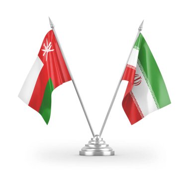 İran ve Umman masa bayrakları beyaz arka planda izole edilmiş 3D görüntüleme