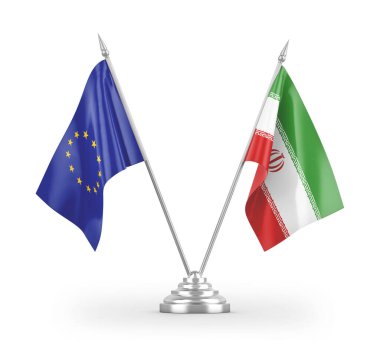 İran ve Avrupa Birliği bayrakları beyaz arka planda izole edilmiş 3D görüntüleme