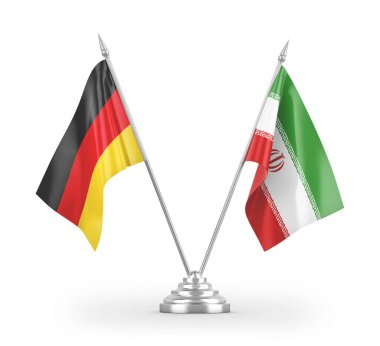 İran ve Almanya bayrakları beyaz arka planda izole edilmiş 3D görüntüleme