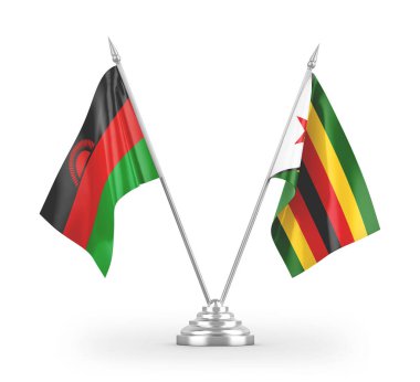 Zimbabwe ve Malawi masa bayrakları beyaz arkaplanda izole edilmiş 3D görüntüleme