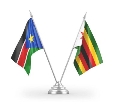 Zimbabwe ve Güney Sudan masa bayrakları beyaz zemin üzerinde izole edilmiş 3D görüntüleme