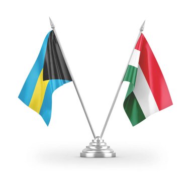 Macaristan ve Bahamalar masa bayrakları beyaz zemin üzerinde izole edilmiş 3D görüntüleme 