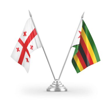 Zimbabwe ve Georgia masa bayrakları beyaz arka planda izole edilmiş 3D görüntüleme